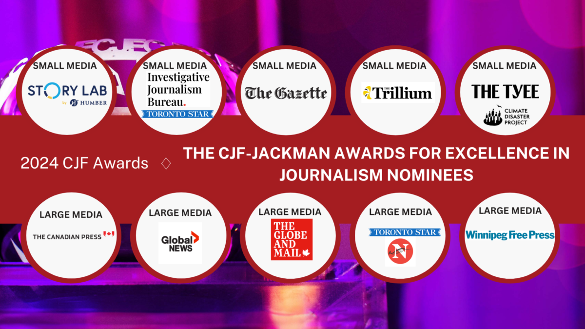 The CJF-Jackman Awards for Excellence in Journalism nominees listed for both the Small Media and Large Media categories.