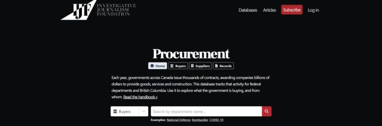 The landing page of the Investigative Journalism Foundation's Procurement database.